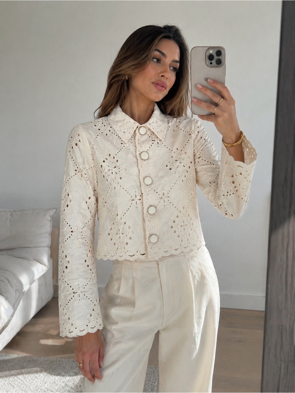 Camila Coelho Cream Eyelet Cropped Jacket